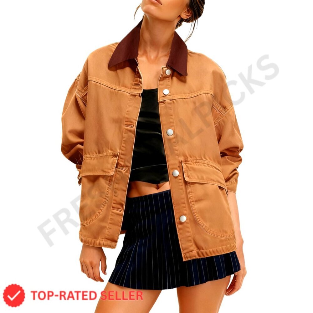 Oversized Denim Barn Jacket Retro Chic Button Down Contrast Collar Big Pockets